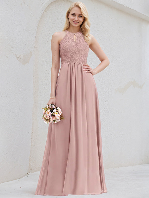 Dusty Rose A-Line Scoop Floor-Length Lace Chiffon Bridesmaid Dress