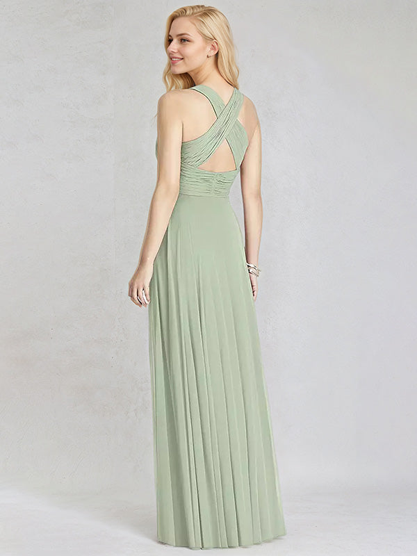 Sage Chiffon A Line V Neck Sleeveless Floor Length Bridesmaid Dress