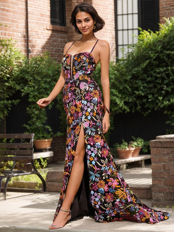 Black Floral Mermaid V-Neck Corset Long Prom Dress With Sequins Slit - FashionDia