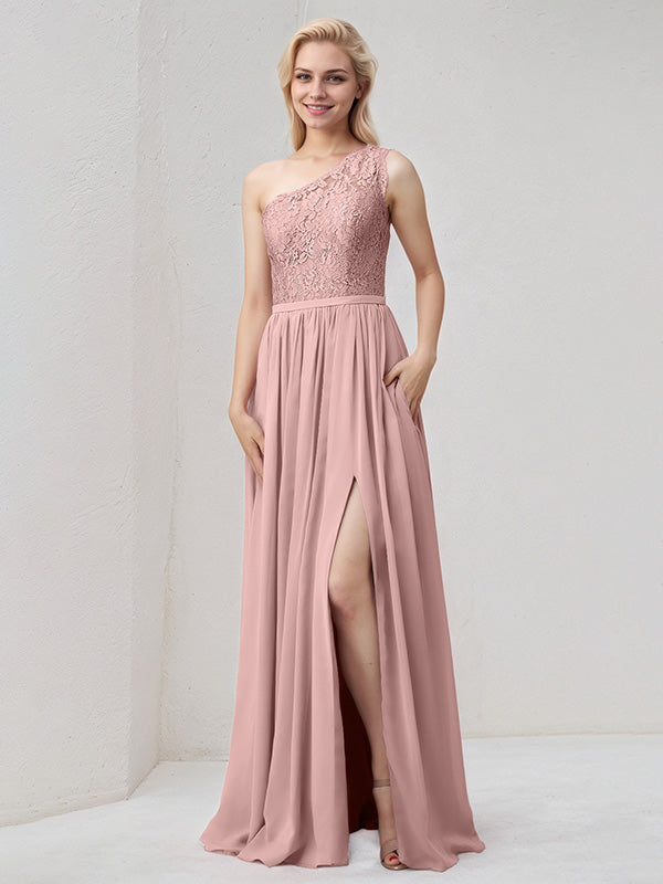 Dusty Rose Chiffon A Line One Shoulder Floor Length Bridesmaid Dress With Appliques