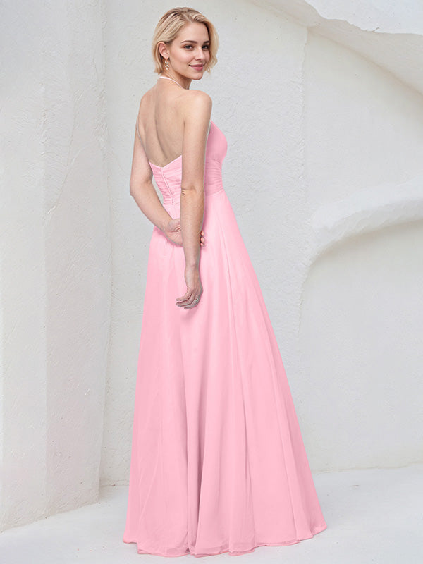 Pink Chiffon A Line Halter Neck Floor Length Bridesmaid Dress