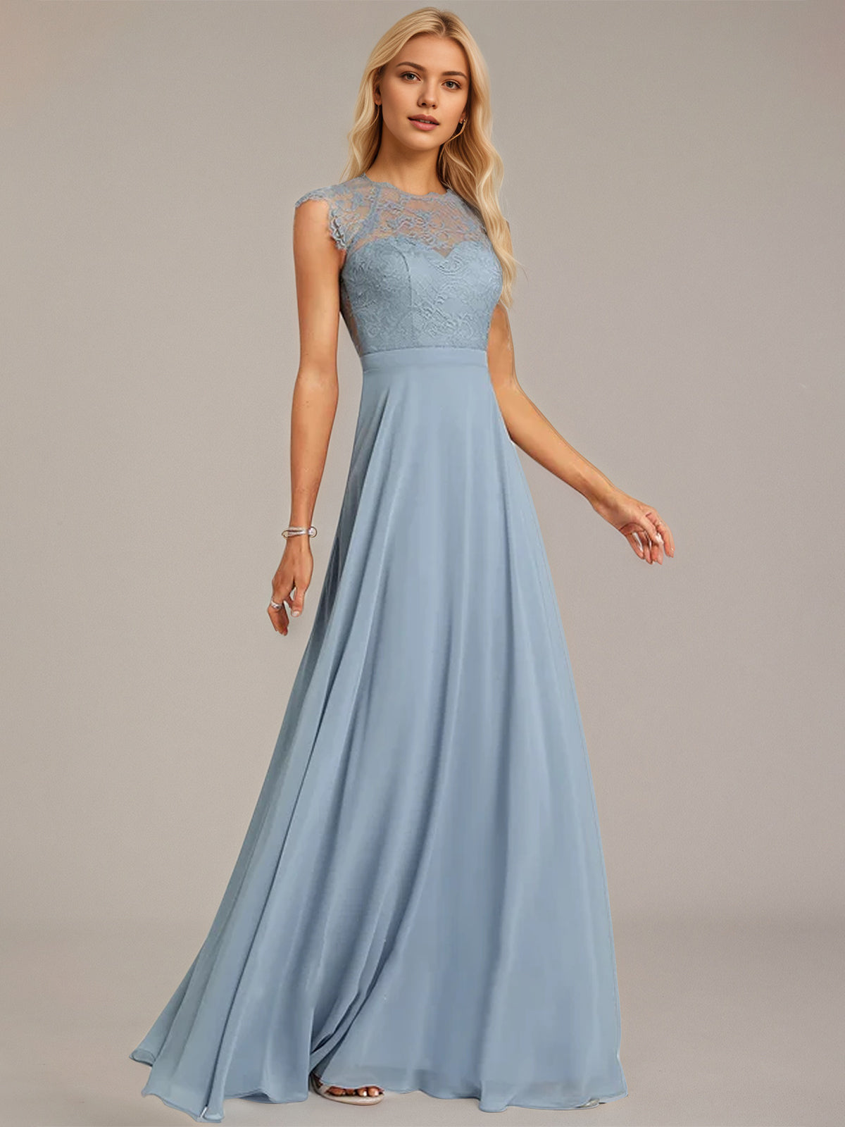 Dusty Blue A-Line Scoop Floor-Length Lace Chiffon Bridesmaid Dress