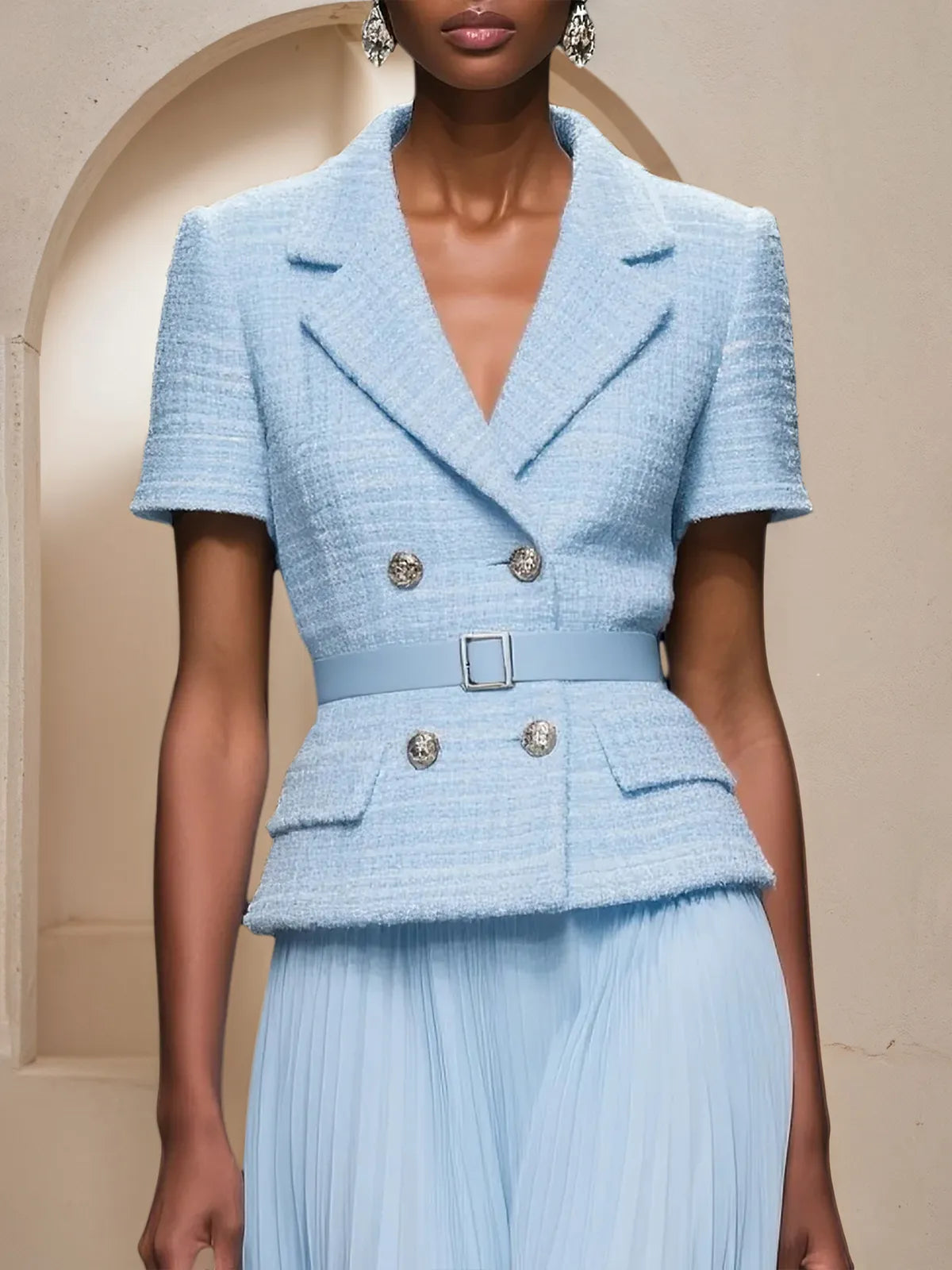 Women Light Blue Tweed Pleated Buckle Lapel Collar Short Sleeve Dressy Top With Skirt Two-Piece Set