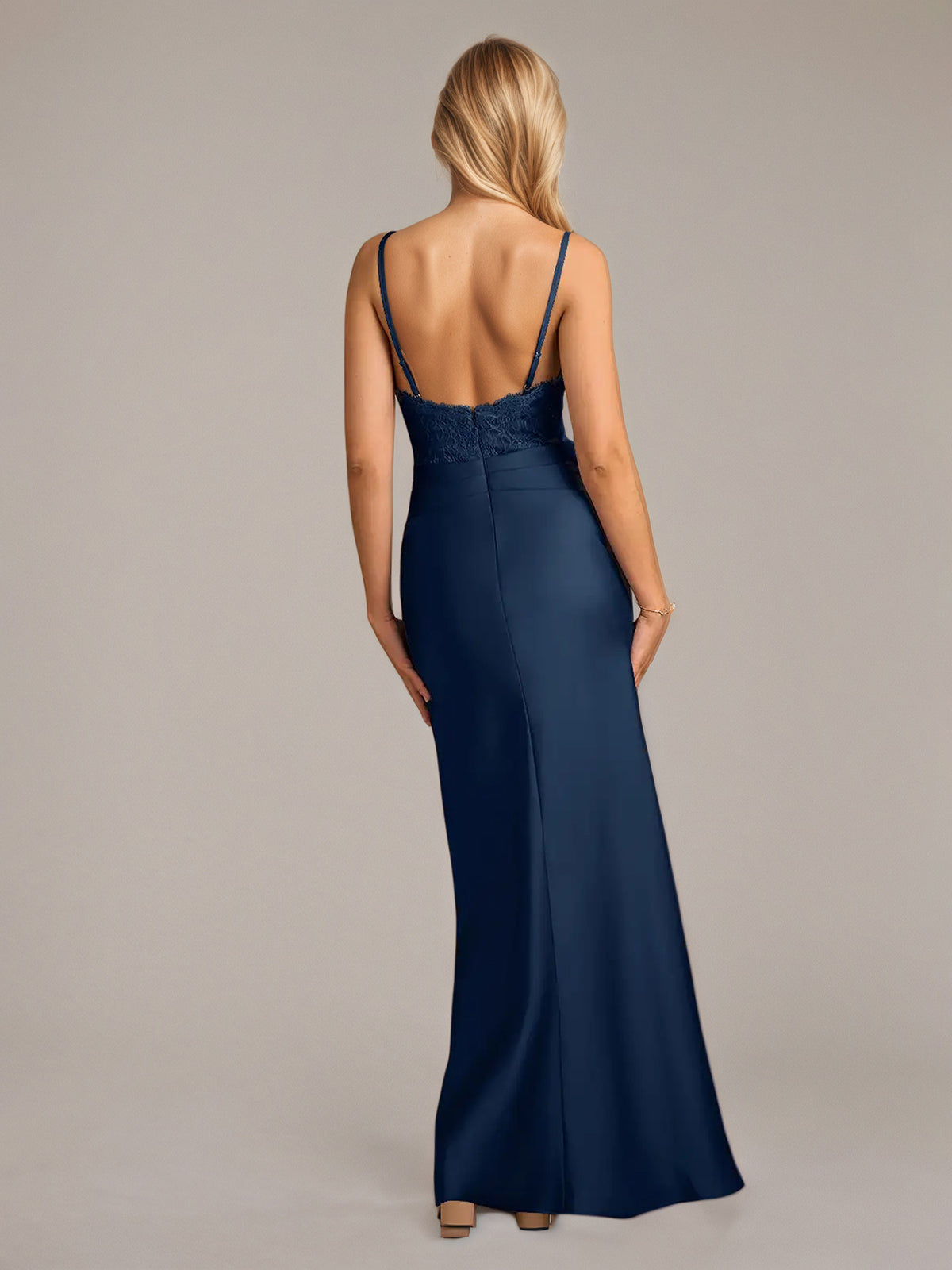 Navy Sheath/Column Satin Spaghetti Straps Sleeveless Floor Length Dresses