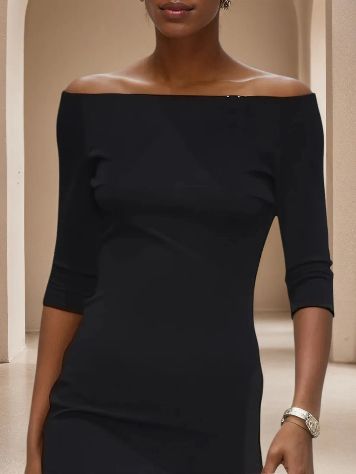 Black Flocked Knit Off The Shoulder Half Sleeve Mermaid Midi Jersey Dress