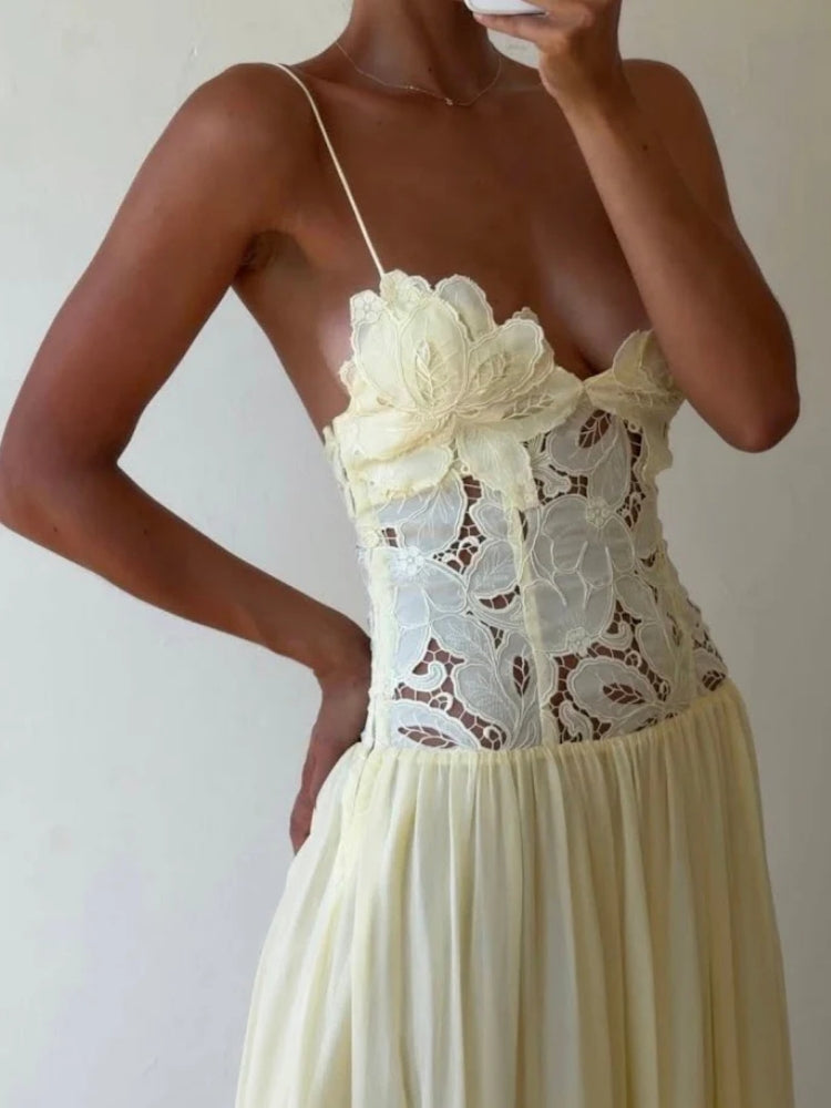 Creamy Yellow Lace Appliqu�� Chiffon Maxi Dress