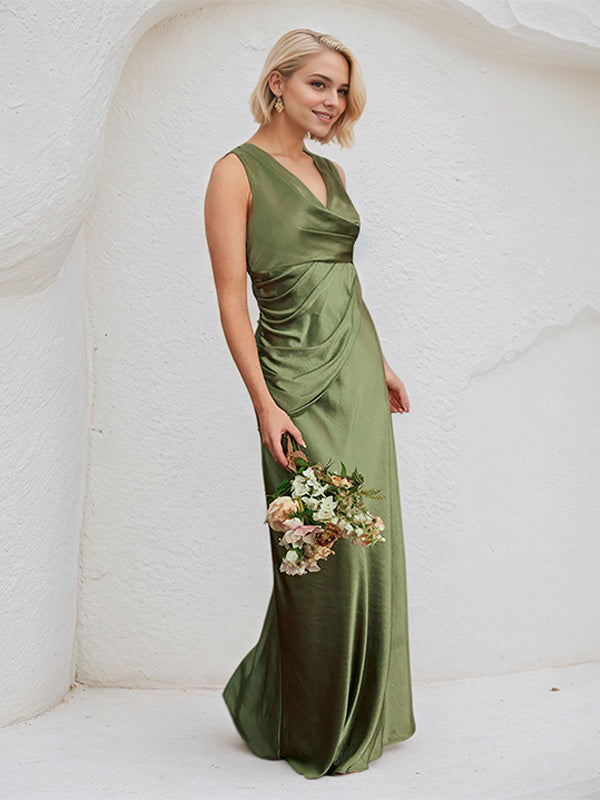 Olive Green Satin Sheath/Column V Neck Floor Length Bridesmaid Dress
