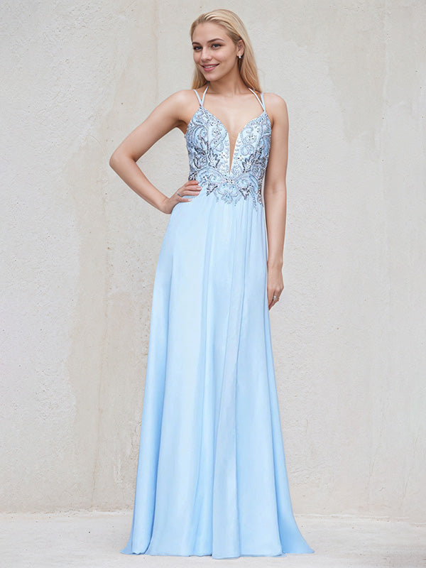 Sky Blue Satin Spaghetti Straps Sleeveless Floor-Length Bridesmaid Dress With Beadings - FashionDia