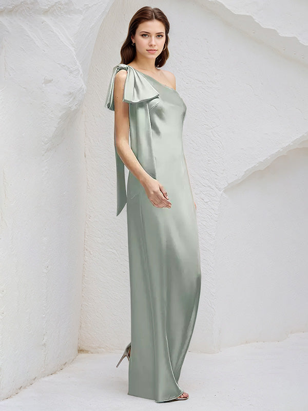 Sheath/Column One Shoulder Sleeveless FloorLength Chiffon Bridesmaid Dresses With Bow