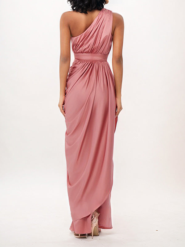 Dusty Rose Sheath/Column One Shoulder Floor-Length Satin Bridesmaid Dress