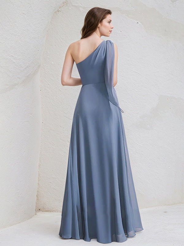 Navy Blue A-Line One Shoulder Floor-Length Chiffon Bridesmaid Dress With Bow