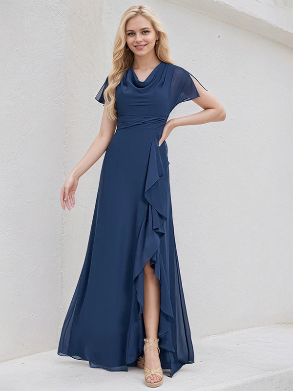 Navy Blue Chiffon A Line V Neck Asymmetrical Bridesmaid Dress With Ruffle