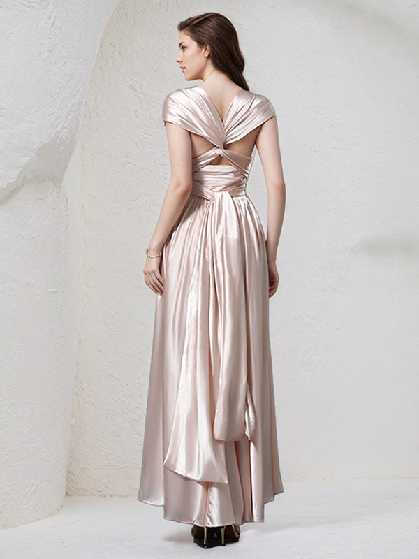 Pearl Pink Satin A Line Halter Neck Sleeveless Asymmetrical Bridesmaid Dress