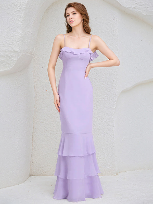 Lilac Chiffon Spaghetti Straps Sleeveless Floor-Length Bridesmaid Dress With Cascading Ruffles - FashionDia