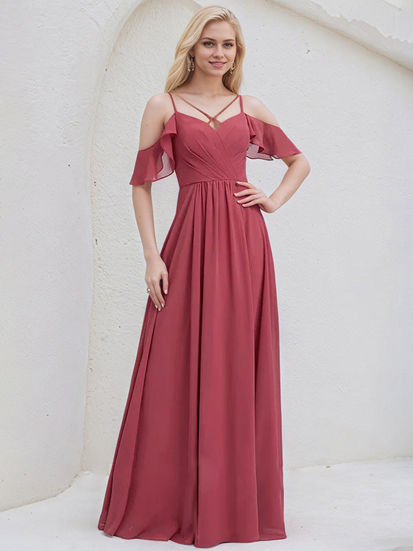 Cinnamon Rose Chiffon A Line Spaghetti Straps Floor Length Bridesmaid Dress