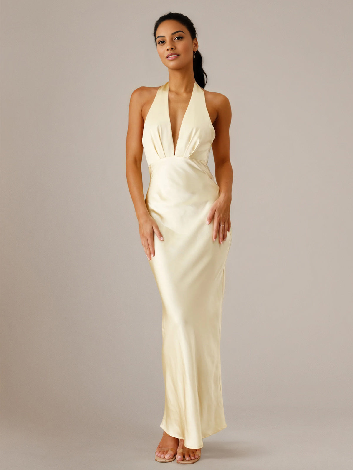 Yellow Satin Sheath/Column V Neck Sleeveless Floor Length Bridesmaid Dresses