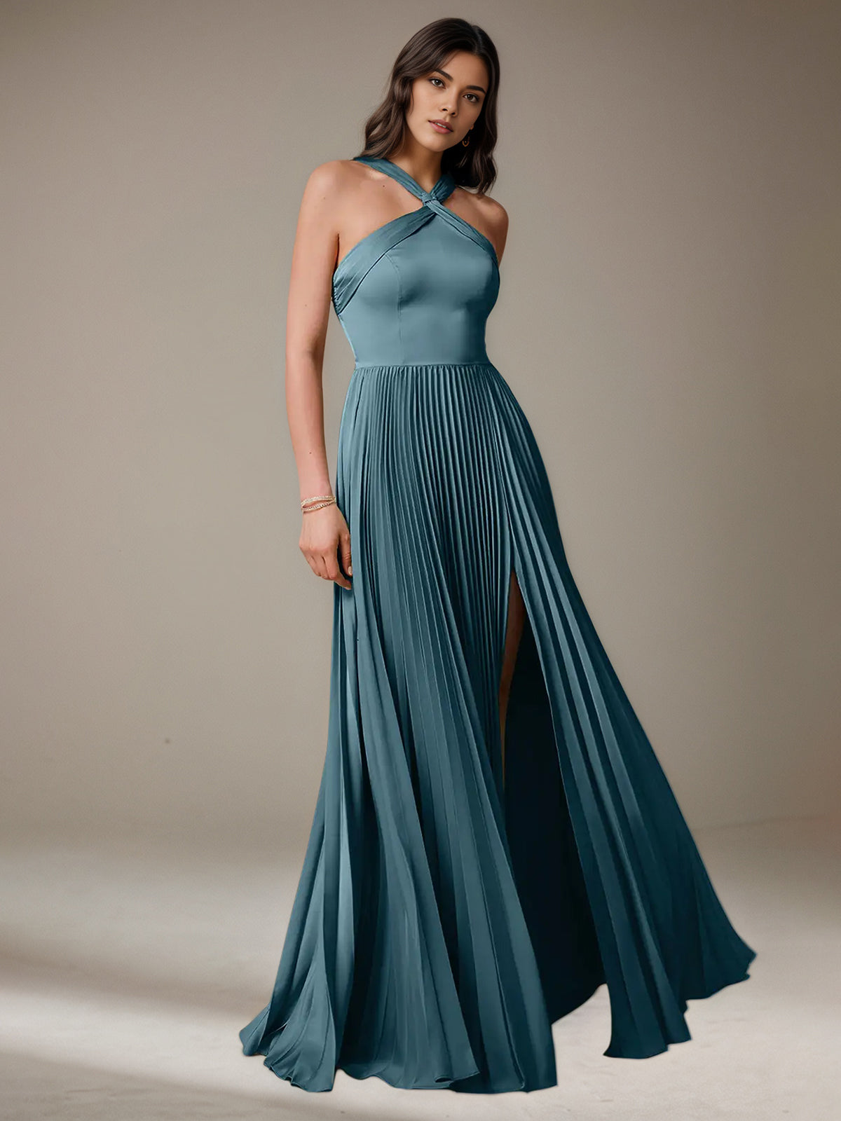 French Blue A Line Halter Sleeveless Floor-Length Satin Bridesmaid Dress