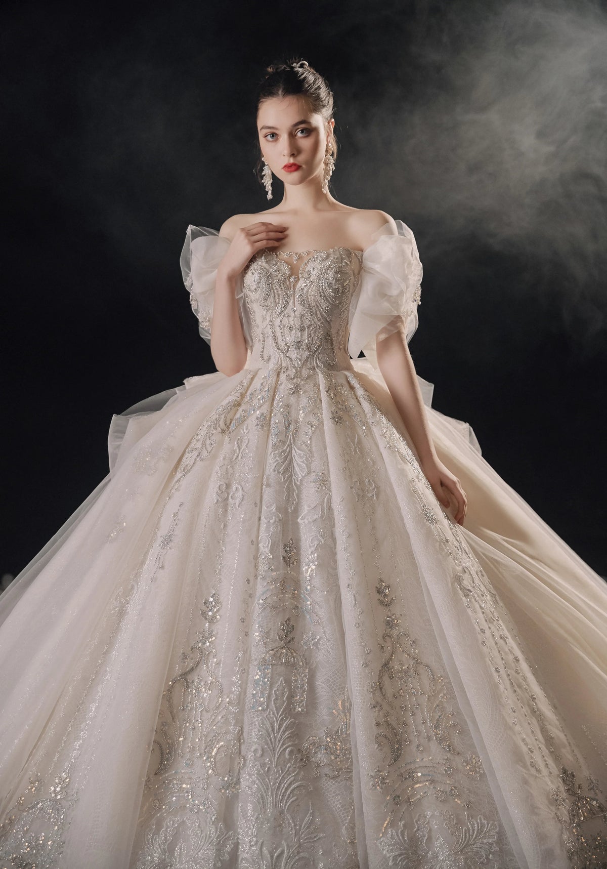 Elegant Off-the-Shoulder Ball Gown Sweetheart Neckline Tulle Puff Sleeve Beaded Lace Wedding Dress with Scalloped Train E-306 by ZAPDRESS