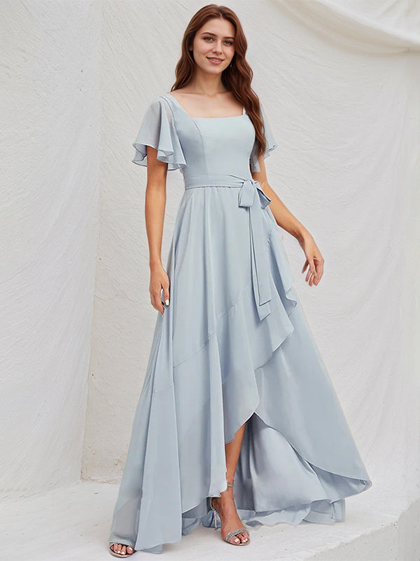 Ice Blue Chiffon A Line Square Neck Short Sleeves Asymmetrical Bridesmaid Dress