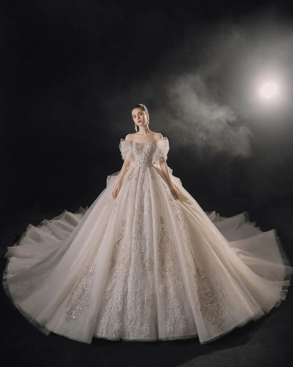 Elegant Off-the-Shoulder Ball Gown Sweetheart Neckline Tulle Puff Sleeve Beaded Lace Wedding Dress with Scalloped Train E-306 (ZD16885)