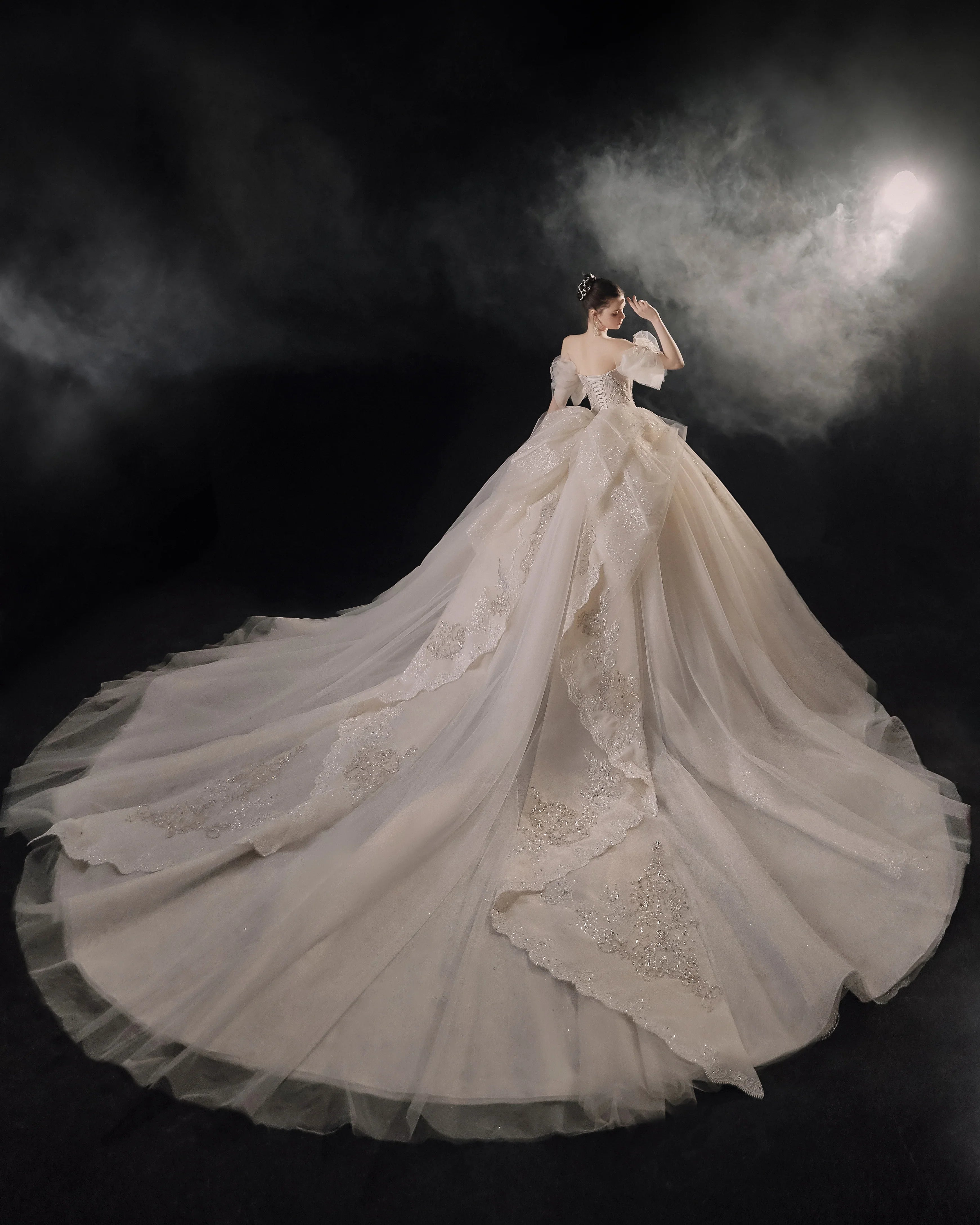 Elegant Off-the-Shoulder Ball Gown Sweetheart Neckline Tulle Puff Sleeve Beaded Lace Wedding Dress with Scalloped Train E-306 (ZD16885)
