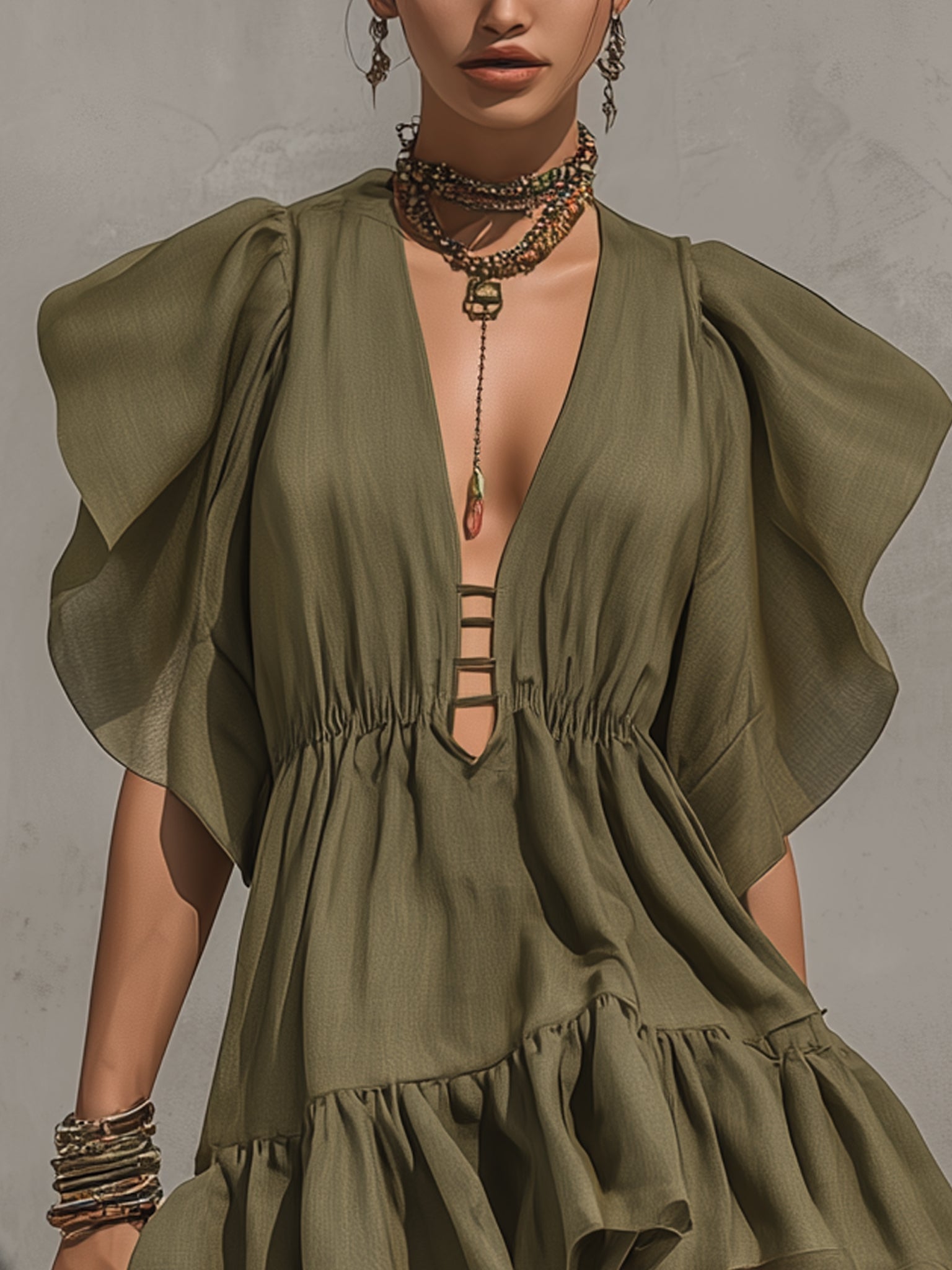 Green Deep V-Neck Flounce-Sleeve Ruched Mini Dress