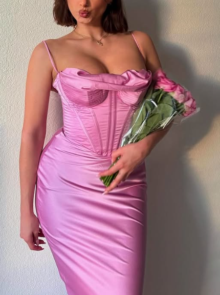 Simple Spaghetti Straps Lavender Satin Evening Dress Sheath Party Prom Dress Y8094 - View 3 | VelvetHem