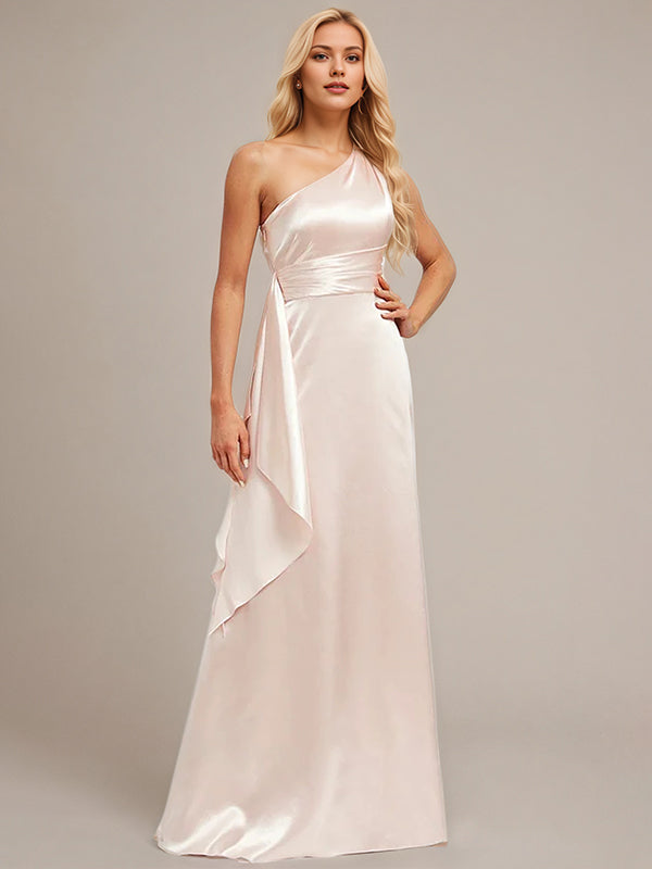 Blushing Pink A-Line One Shoulder Floor-Length Satin Bridesmaid Dress With Ruffle