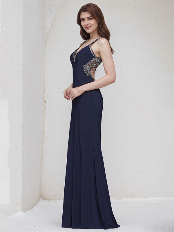 Navy Chiffon Spaghetti Straps Sleeveless Floor Length Bridesmaid Dress With Beadings