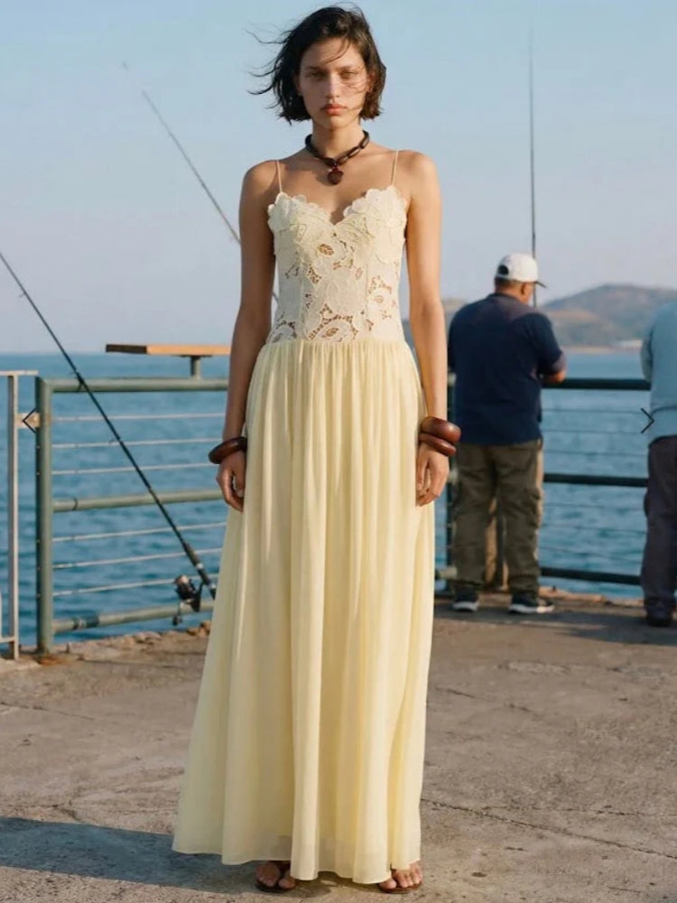 Creamy Yellow Lace Appliqu�� Chiffon Maxi Dress