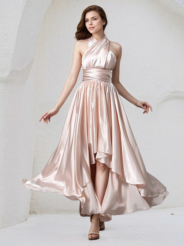 Pearl Pink Satin A Line Halter Neck Sleeveless Asymmetrical Bridesmaid Dress