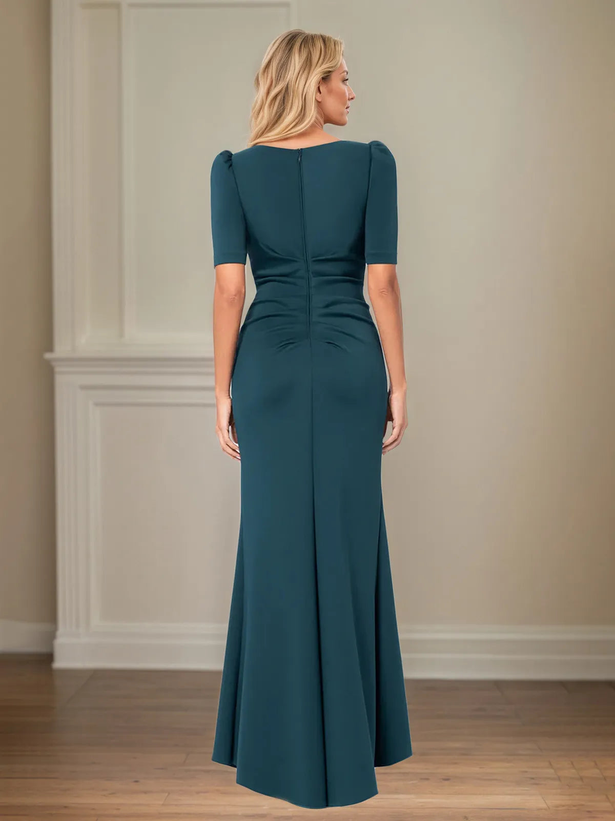 Trumpet/Mermaid Scoop Neck Short Sleeve Floor-Length Stretch Crepe Mother of the Bride Dress With Ruffles - View 2 | FashionDia