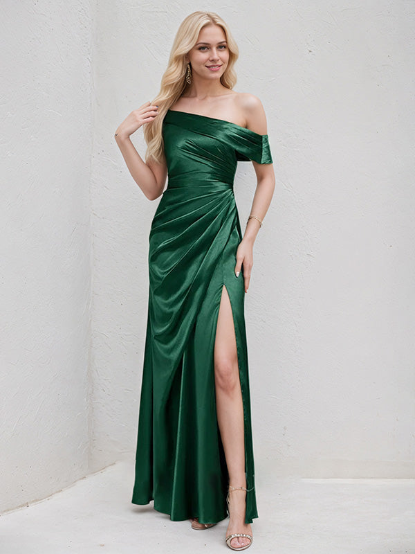 Dark Green Satin A Line One Shoulder Floor Length Bridesmaid Dress