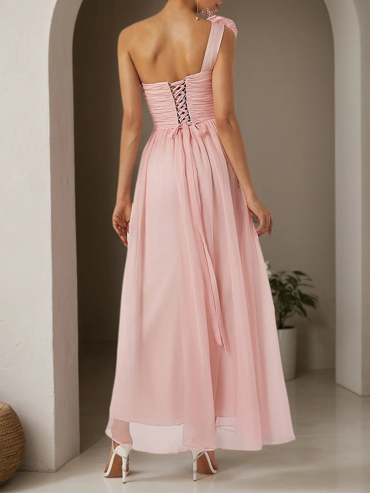 Pink 3D Floral Chiffon One-Shoulder Sleeveless Sheath Gown Dress - View 2 | FashionDia