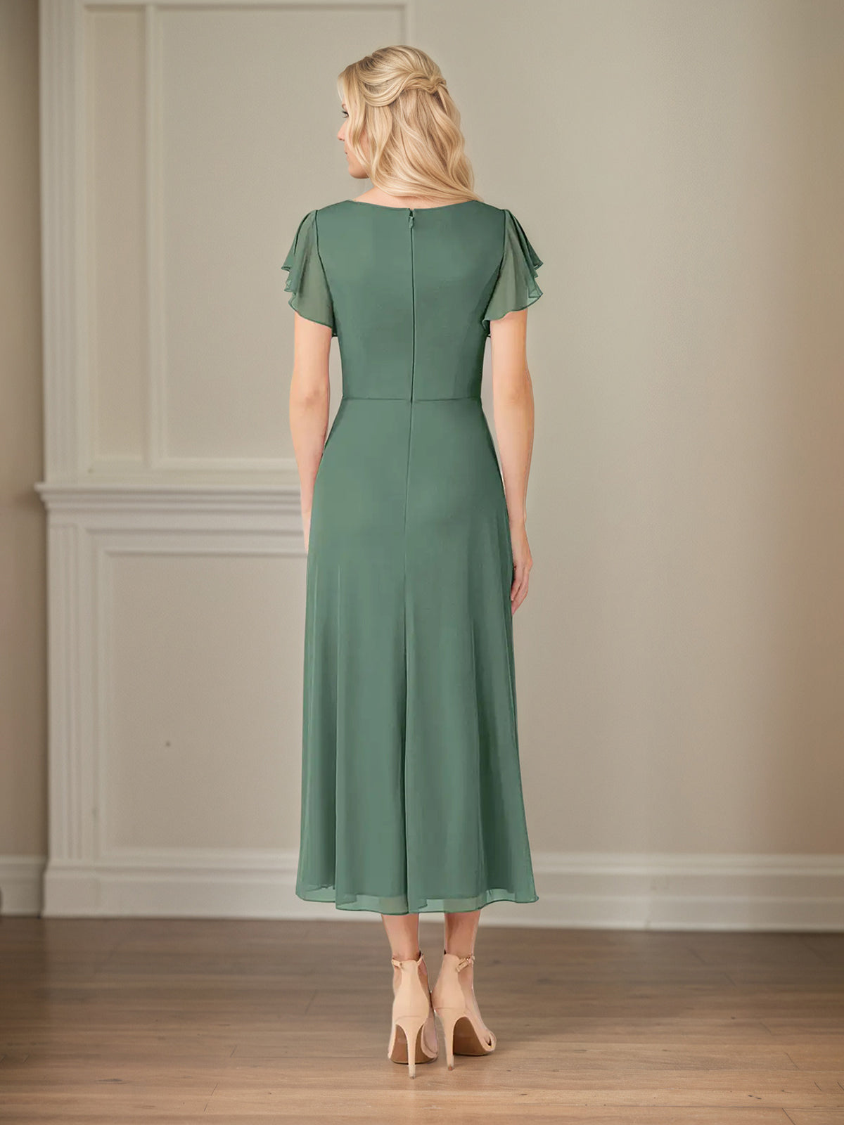 Green A-Line Chiffon V-Neck Short Sleeves Tea-Length Mother of the Bride Dresses - View 2 | FashionDia