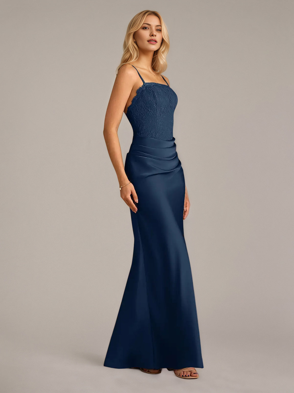 Navy Sheath/Column Satin Spaghetti Straps Sleeveless Floor Length Dresses