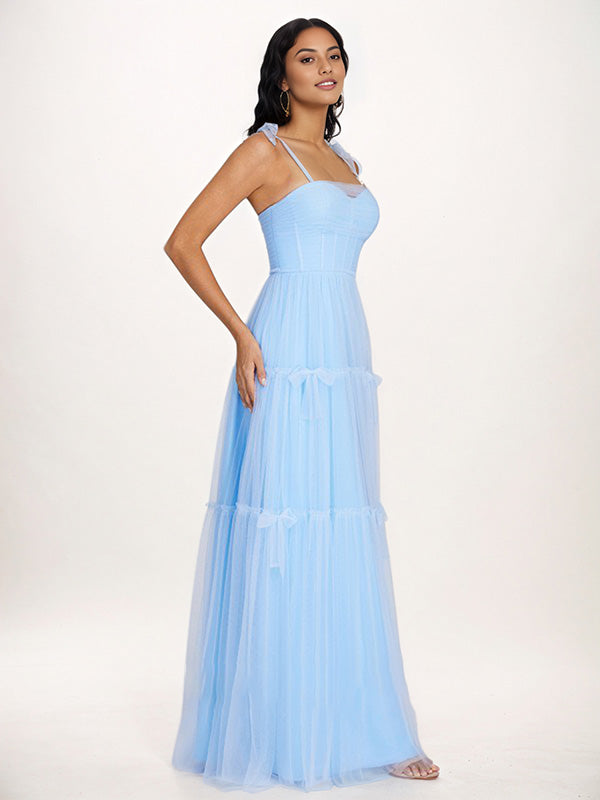 Sky Blue Tulle A Line Spaghetti Straps Floor Length Sleeveless Bridesmaid Dress With Bow