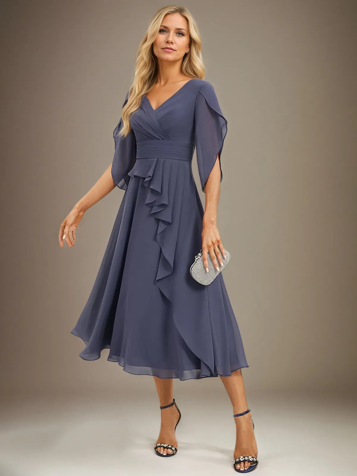 A-Line V-Neck Tea-Length Chiffon Mother Of Bride Dresses With Pleated - View 3 | FashionDia