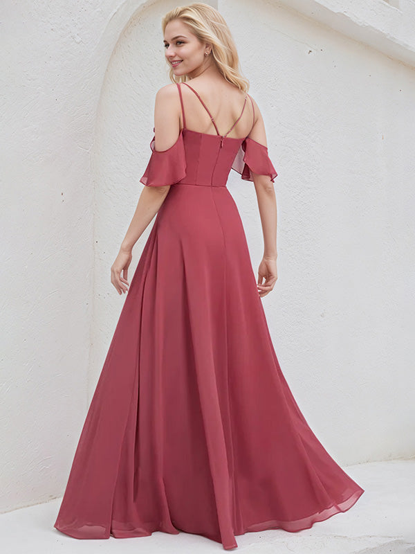 Cinnamon Rose Chiffon A Line Spaghetti Straps Floor Length Bridesmaid Dress