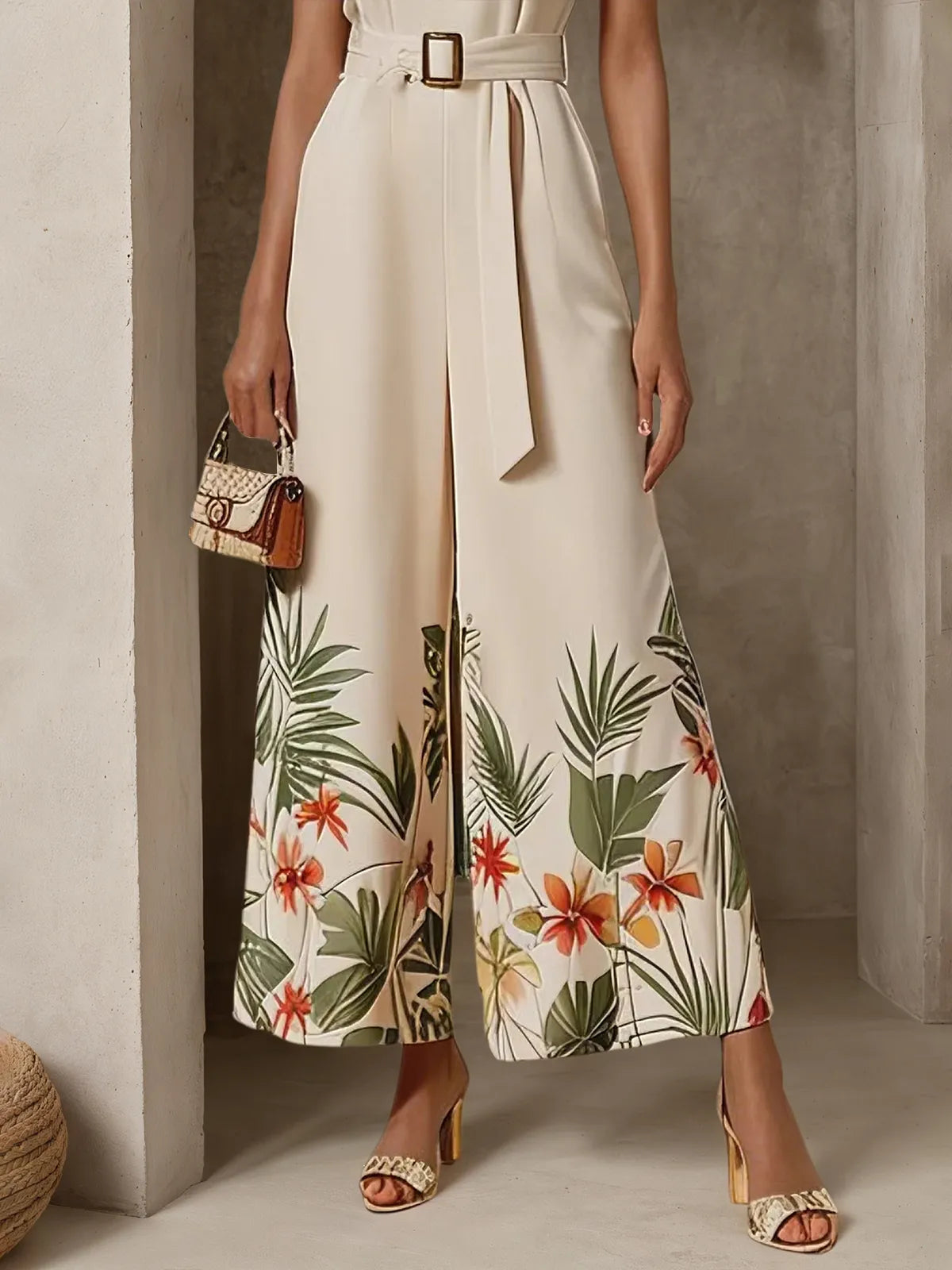 Women Off White Floral Cut Out Crew Neck Sleeveless Vacation Jumpsuit - View 3 | FashionDia