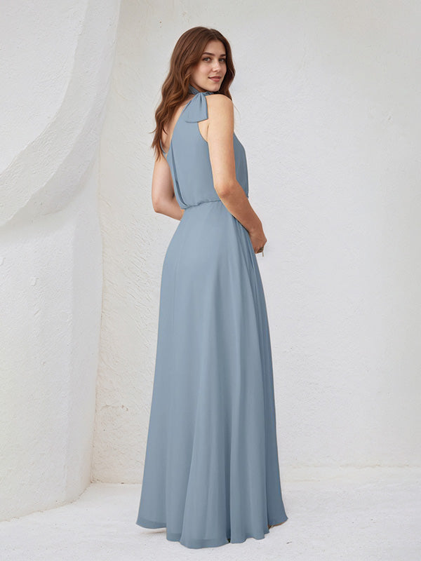 Dusty Blue Chiffon A Line One Shoulder Sleeveless Floor Length Bridesmaid Dresses