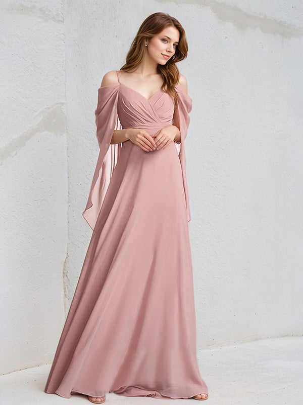 Dusty Rose Chiffon A Line Spaghetti Straps Floor Length Bridesmaid Dress