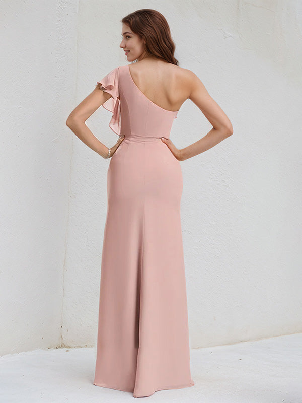 Dusty Rose Chiffon A Line One Shoulder Floor Length Bridesmaid Dress With Ruffle