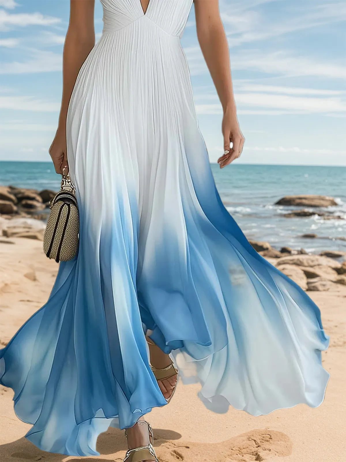Elegant And Flowing V-Neck Pleated Blue Gradient White Maxi Dress