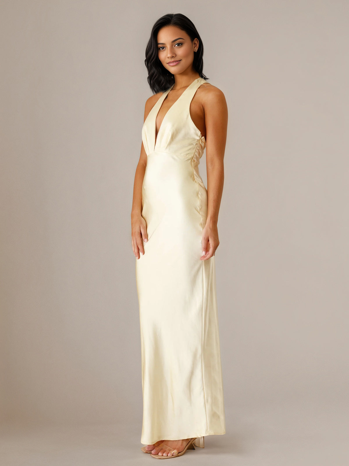 Yellow Satin Sheath/Column V Neck Sleeveless Floor Length Bridesmaid Dresses