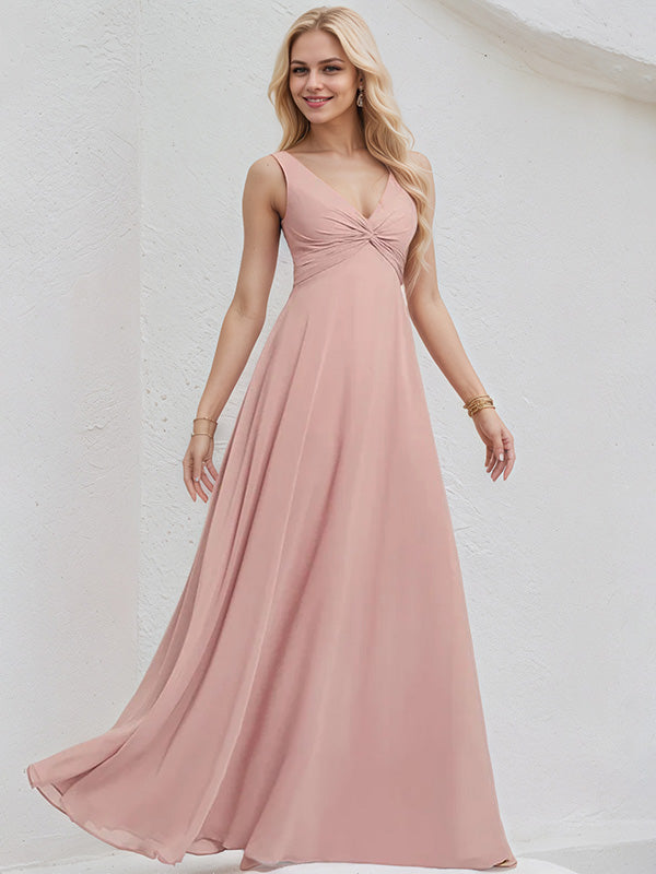 Dusty Rose Chiffon A Line V Neck Sleeveless Floor Length Bridesmaid Dress