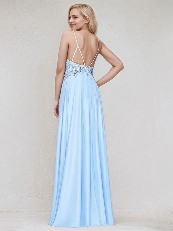 Sky Blue Satin Spaghetti Straps Sleeveless Floor-Length Bridesmaid Dress With Beadings - View 2 | FashionDia