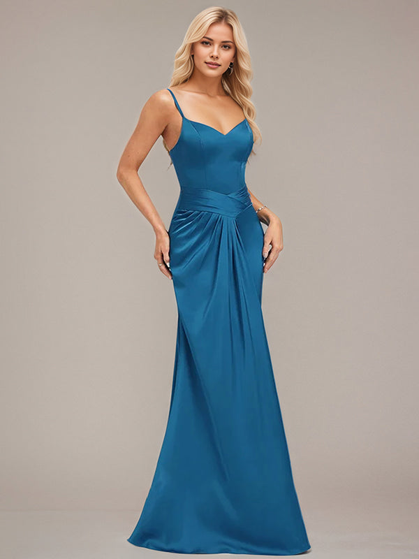 Trumpet/Mermaid Spaghetti Straps Floor-Length Satin Bridesmaid Dress With Ruffle