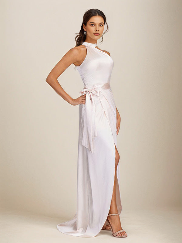 Blushing Pink Satin Sheath/Column Halter Neck Floor Length Sleeveless Bridesmaid Dress