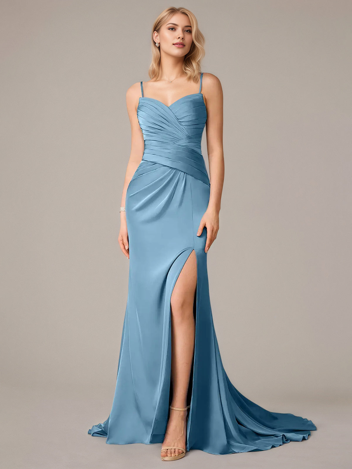 Steel Blue Sheath/Column Satin Spaghetti Straps Sleeveless Floor Length Dresses